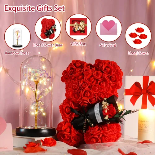 Miniatura 5 de Regalos de rosas para el Día de la Madre para mamá, mujer, esposa, novia, oso de rosas y bella y la bestia, inspirado en el arco iris, juego de Rojo