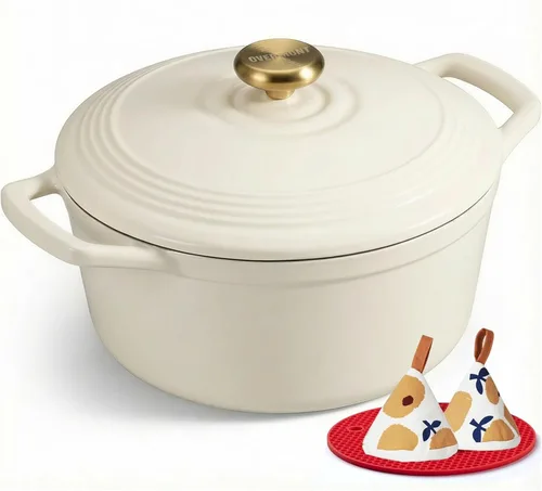 Miniatura 17 de Overmont Horno holandés de hierro fundido esmaltado, olla de 5.5 cuartos de galón con tapa de asas anchas, libro de cocina y agarraderas de algodón