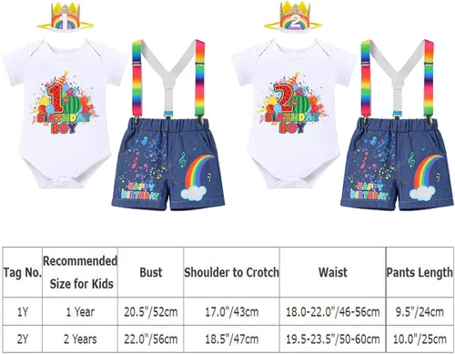 Miniatura 7 de IMEKIS Toddler Baby Boys Melon Birthday Outfit Romper T-shirt + Jeans Shorts + Suspenders Rainbow Cake Smash Photo Shoot 1-5T