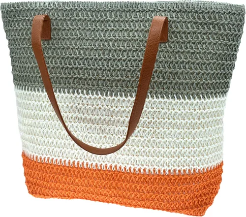 Miniatura 36 de Bolso grande de paja para mujer, tejido de ratán, bolso de playa de verano, a rayas