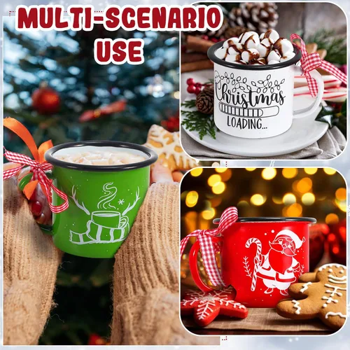 Miniatura 4 de Sliner 12 mini tazas de café de Navidad a granel con cinta a cuadros de 8.5 onzas, taza de metal esmaltado de Navidad con borde negro para el hogar