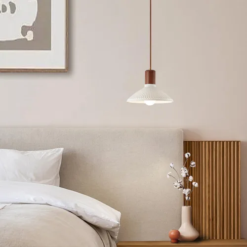 Miniatura 3 de White Ceramic Lampshade Pendant Light Height Adjustable Hanging Light Fixture Modern Vintage Wood Pendant Lamp for Kitchen Island Dining Room