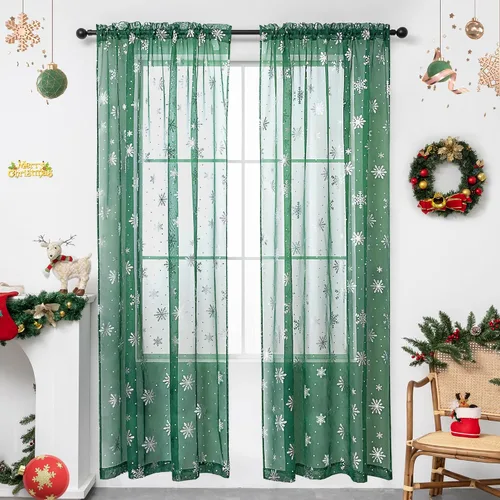 Miniatura 21 de Cortinas traslúcidas de Navidad para sala de estar, cortinas transparentes con estampado de copos de nieve de lujo, cortinas con bolsillo