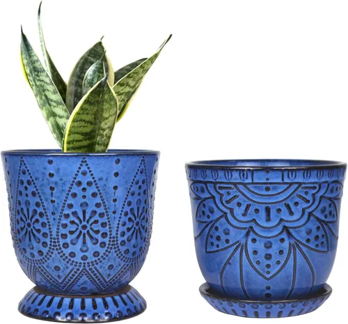Miniatura 21 de Gepege Macetas para suculentas, maceta pequeña de cerámica para interiores de 4 pulgadas con agujeros de drenaje y platillos para plantas, color Azul
