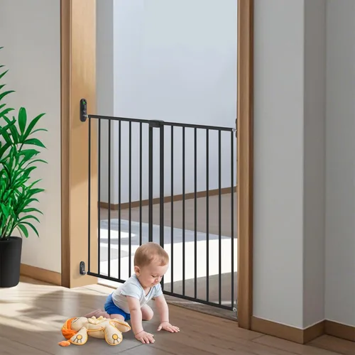 Miniatura 5 de Puerta abatible ajustable de seguridad para bebés, puerta de metal montada en hardware para escaleras y puertas, pestillo seguro para niños y Negro