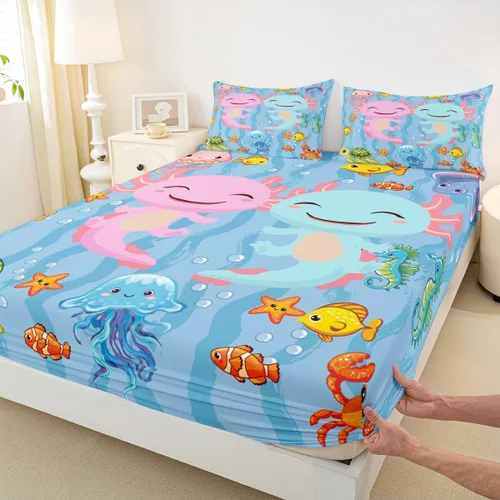 Miniatura 34 de Lindo Axolotl - Sábana bajera ajustable para niños, tamaño individual, juego de ropa de cama de animales marinos de dibujos animados, decoración
