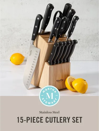Miniatura 2 de Martha Stewart Carverton Juego de 15 cuchillos de cocina de acero inoxidable de alto carbono con mango forjado de ABS triple remache y bloque