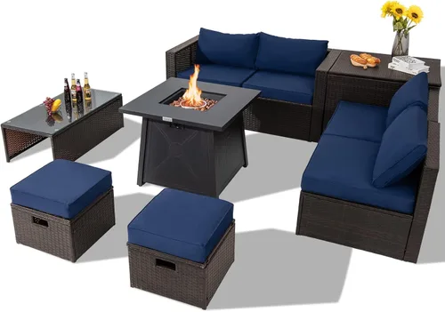 Miniatura 10 de Tangkula Juego de muebles de patio de 9 piezas con mesa para fogata de propano de 30 pulgadas, juego de sofá modular de mimbre de polietileno