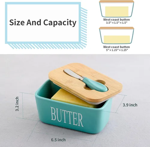 Miniatura 3 de Hasense Mantequillera de porcelana con tapa para encimera, mantequillera grande de cerámica con cuchillo, recipiente hermético para mantequilla