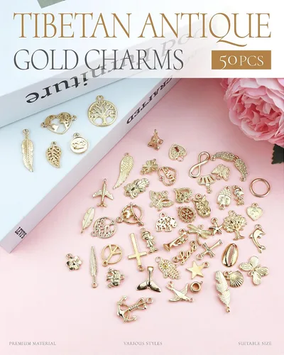 Miniatura 6 de JIALEEY Venta al por mayor a granel 50 piezas mezcladas de oro encantos colgantes DIY para collar pulsera joyería fabricación y artesanía, Zinc