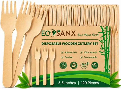 ECOSANX® 120 piezas de tenedores de madera para comer de 16.5 cm libres de astillas, compostables, juego de cubiertos de madera ecológico para