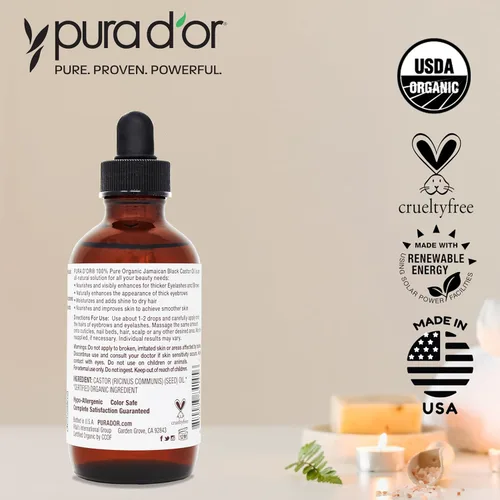 Miniatura 7 de PURA D'OR 4 Oz Aceite de Ricino Negro Jamaicano Orgánico - Aroma Natural Ahumado - Con 2 Cepillos Vacíos de REGALO - 100% Puro Certificado por