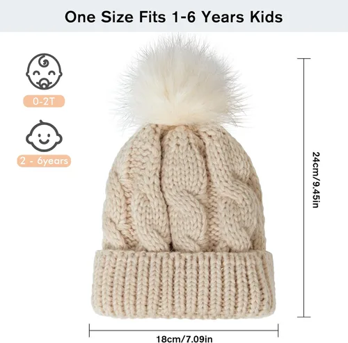 Miniatura 6 de YSense Wear 2 Pack Toddler Kids Winter Warm Fleece Lined Beanie Hats for Boys and Girls Crochet Hairball Knit Cap 1-6 Years