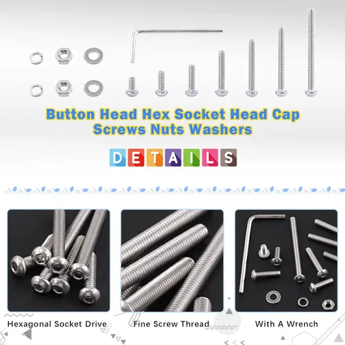 Miniatura 4 de Glarks 1021 tornillos de cabeza de botón M2 304 de acero inoxidable hexagonal, tornillos y tuercas arandelas kit surtido con llave hexagonal