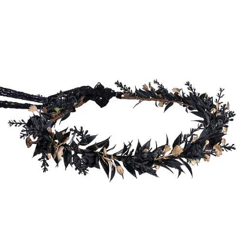 Miniatura 5 de MOSTORY Tocado de flores negras, corona floral de hada, corona de elfo oscuro, círculo de elfos para el Renacimiento, Halloween, gótico, boda