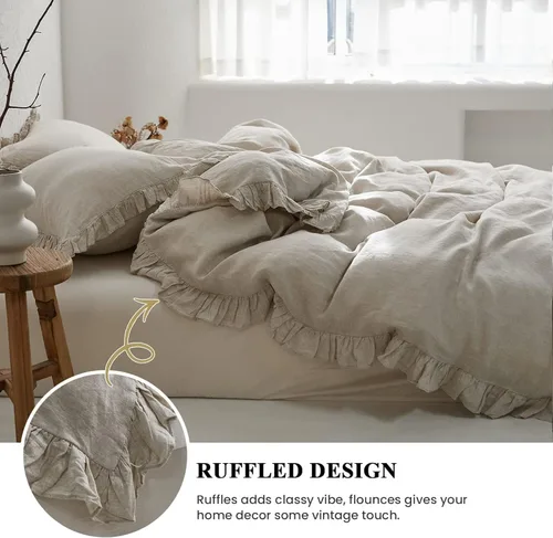 Miniatura 5 de Simple&Opulence - Juego de funda de duvet de 3 piezas tamaño queen (1 funda de duvet + 2 fundas de almohada), 100% lino francés lavado con volantes