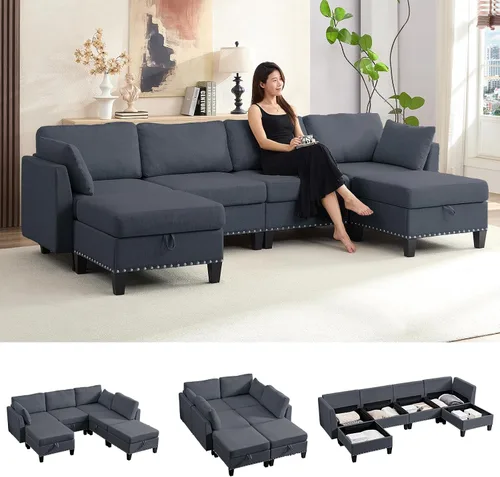 Miniatura 10 de ijuicy Sofá modular convertible de 110 pulgadas con asientos de almacenamiento y 2 otomanas móviles, sofá modular en forma de U de 6 asientos