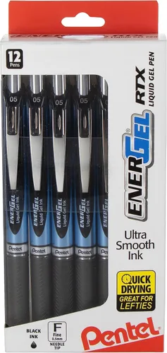 Pentel EnerGel RTX - Bolígrafo retráctil de gel líquido, punta de aguja de 0.02 pulgadas, línea fina, tinta negra, paquete de 12 cajas con ventana