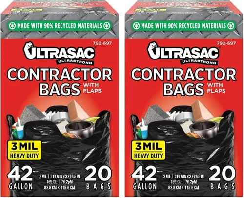 Miniatura 6 de Ultrasac Bolsas de contratistas de 42 galones (paquete de 20 con cierres de solapa), 32.75 x 44.5 - 3 MIL de grosor, grandes, color negro, bolsas