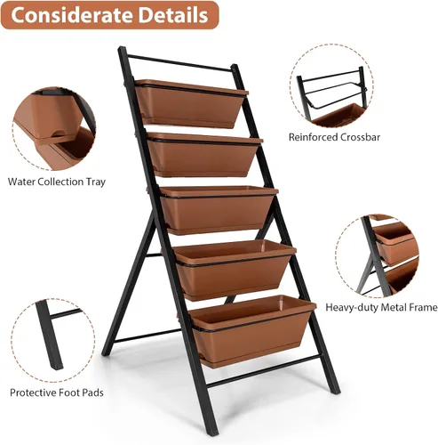 Miniatura 5 de Giantex Maceta vertical elevada, camas de jardín elevadas con orificio de drenaje de agua, cajas independientes de 5 contenedores para cultivo