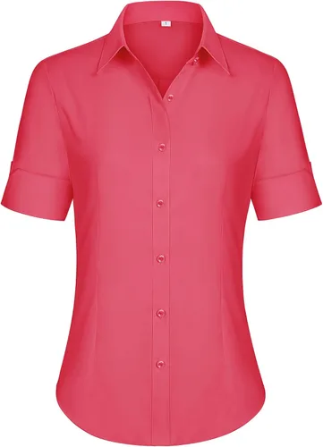 Miniatura 14 de siliteelon Camisas de vestir de manga corta con botones para mujer, camisas de algodón con botones para mujer, blusa ajustada de manga 3/4