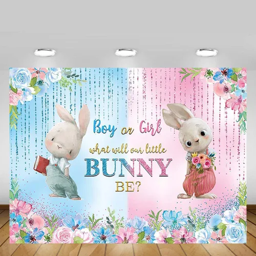 Miniatura 5 de MEHOFOND Telón de fondo de primavera de conejo de Pascua para revelación de género para niño o niña, con texto en inglés "What Will Our Little Bunny
