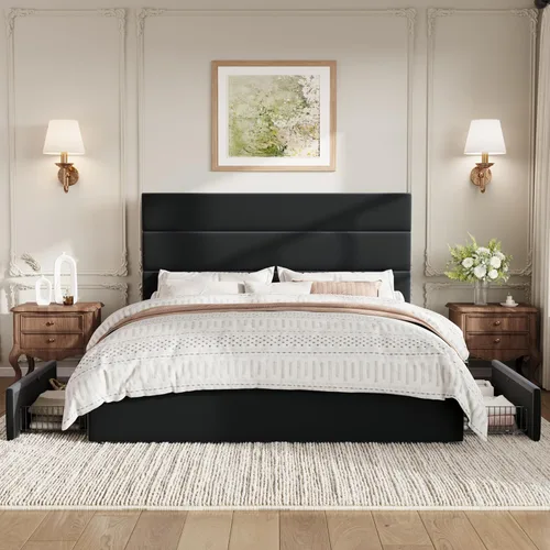 Miniatura 3 de SHA CERLIN Base de cama de plataforma de tamaño matrimonial con 4 cajones de almacenamiento, cabecera tapizada de terciopelo, base de colchón