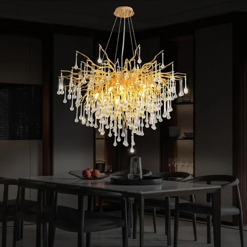Miniatura 14 de Candelabro de cristal negro de 23.6 pulgadas, moderno colgante de techo de flores, iluminación colgante de rama de árbol, gota de lluvia, lámpara