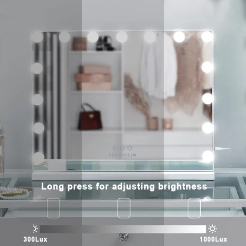Miniatura 9 de FENCHILIN Espejo de tocador con luces, espejo de maquillaje iluminado al estilo Hollywood con 15 bombillas LED regulables para vestidor