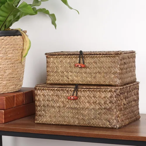 Miniatura 3 de Moosky Cestas de mimbre con tapa, cesta tejida a mano de pastos marinos para cestas de almacenamiento, cajas de regalo rectangulares para el hogar