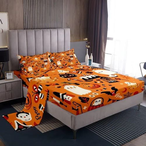Erosebridal Sábanas de Halloween para niños y niñas, juego de sábanas espeluznantes de dibujos animados, tamaño individual, juego de ropa de cama de