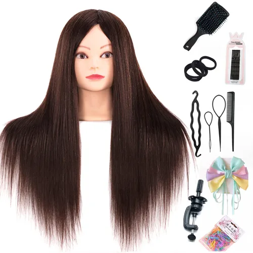 Cabeza de maniquí con 60% cabello real, cabeza de práctica y entrenamiento para peluquería, maniquí para cosmetología, con 9 herramientas y soporte