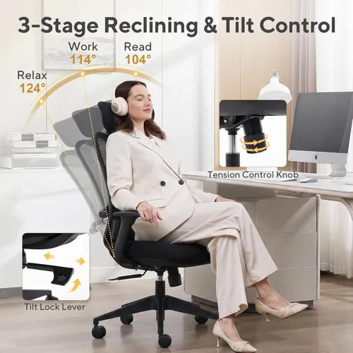 Miniatura 5 de Nouhaus Fluido - Silla de oficina ergonómica, silla de computadora de malla con respaldo alto y soporte lumbar ajustable en altura, respaldo y Negro