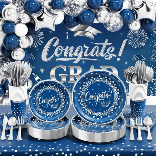 Miniatura 9 de Decoraciones de graduación 2026 – 245 piezas de vajilla desechable de grado (servir 25) y suministros para fiesta de graduación con plato de papel