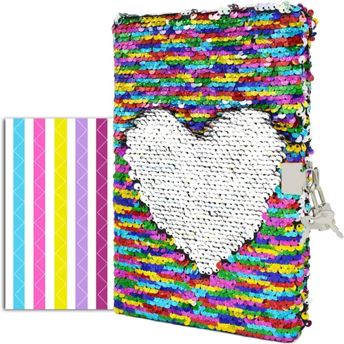 Magic - Diario de viaje reversible con lentejuelas, diario de viaje con cierre y llave para niños y niñas, tamaño A5 (8.5 x 5.5 pulgadas), 78 hojas.
