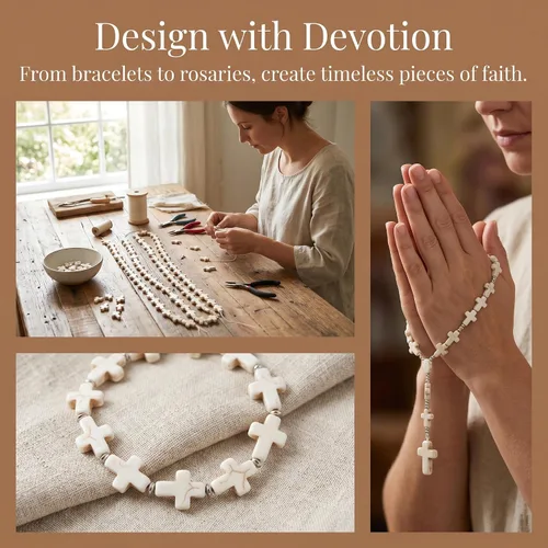 Miniatura 4 de Jucoan 240 cuentas espaciadoras de cruz blanca y turquesa gruesa, cuentas pequeñas con dije de cruz religiosa para pulseras, collares, rosario