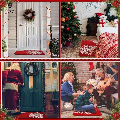 Miniatura 6 de Ceenna Alfombra de baño roja de invierno, lavable, absorbente de agua, antideslizante, divertida alfombra de baño con patrones de copo de nieve