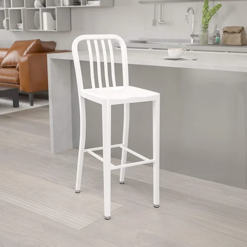 Miniatura 15 de BizChair Taburete de bar de metal negro para interiores y exteriores de 30 pulgadas de alto con respaldo de listón