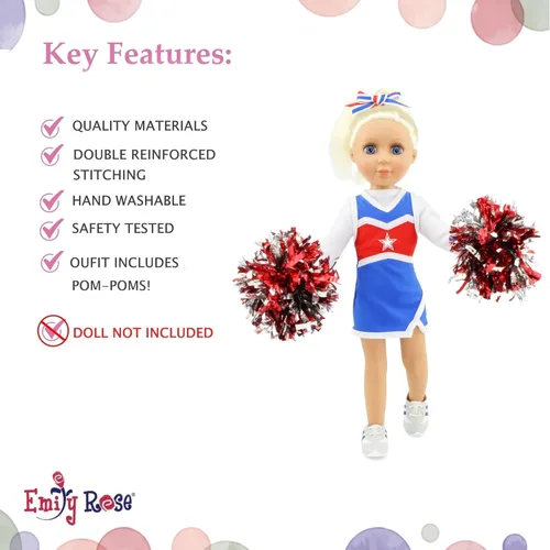 Miniatura 4 de Emily Rose Conjunto completo de 6 piezas de animadora de 14 pulgadas con pompones y zapatos de gimnasio lazo para el pelo y camiseta a juego Se