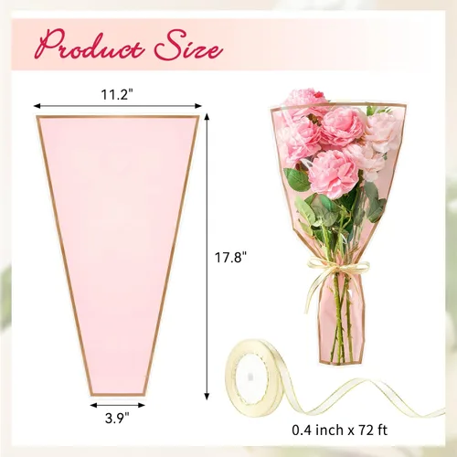 Miniatura 2 de Mauproy Paquete de 50 bolsas de flores rosas para ramos de flores, 17.8 x 11.2 pulgadas, fundas de plástico transparente para flores, envolturas