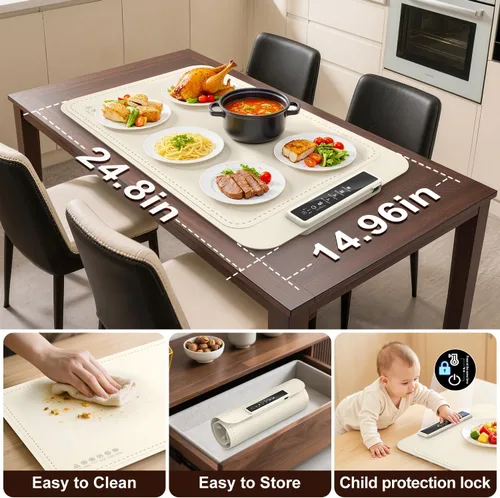 Miniatura 7 de Tapete de calentamiento para alimentos – Bandeja de calentamiento eléctrica con 4 ajustes de temperatura y temporizador, alfombrilla portátil