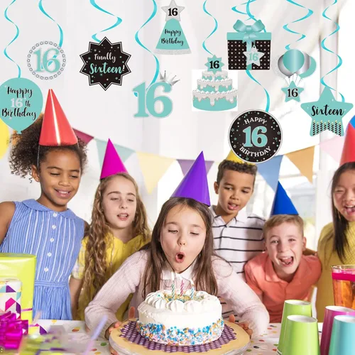 Miniatura 2 de Decoración de techo de remolinos colgantes para fiesta de cumpleaños número 16, decoración de techo con 16 remolinos colgantes de papel de aluminio