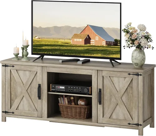 Miniatura 10 de WLIVE Moderno soporte de TV de granja para televisores de hasta 65 pulgadas, centro de entretenimiento con puertas de granero en forma de X, consola