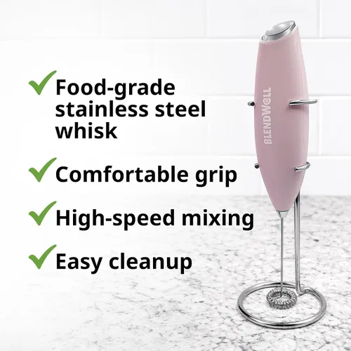 Miniatura 4 de BlendWell Espumador de leche eléctrico para matcha y café, mezclador de bebidas de mano con batería, con soporte, batidor de acero inoxidable, rosa