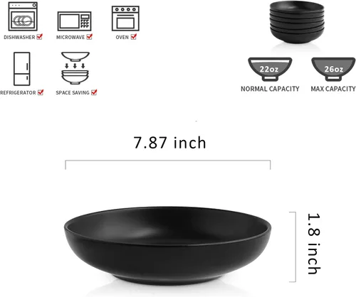 Miniatura 2 de Selamica Tazones de cerámica para pasta de 7.8 pulgadas, cuencos grandes de porcelana de 26 onzas, aptos para lavavajillas y microondas, juego de 6
