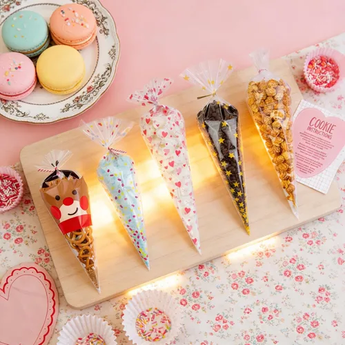 Miniatura 3 de EKAPACKAGING 50 bolsas de celofán para dulces en forma de cono con estampado de estrella de 7x15 pulgadas, con cierre giratorio triangular, bolsas