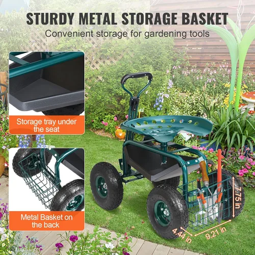 Miniatura 5 de VEVOR - Carro de jardín con asiento de trabajo rodante con ruedas, taburete de jardinería para plantación, asiento giratorio de 360 grados, vagón