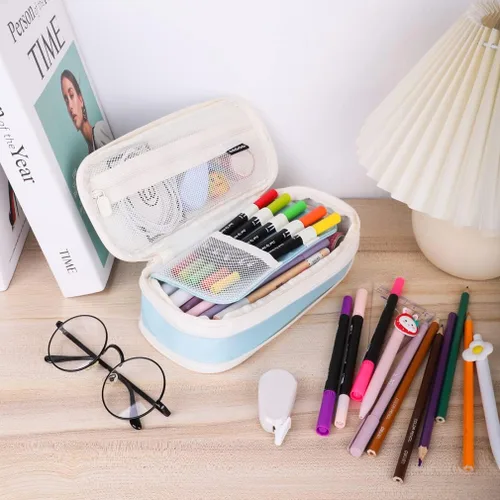 Miniatura 3 de iSuperb Estuche plegable para lápices con cremallera de gran capacidad, bolsa de lona estética, compartimentos para organizar artículos
