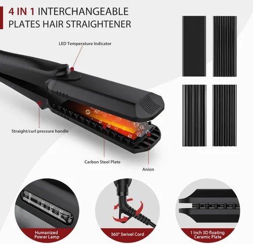 Miniatura 6 de Pulla Plancha y rizadora de pelo 4 en 1 de turmalina para peinar el cabello con temperatura ajustable, alta temperatura de 320 °F a 430 °F para todo