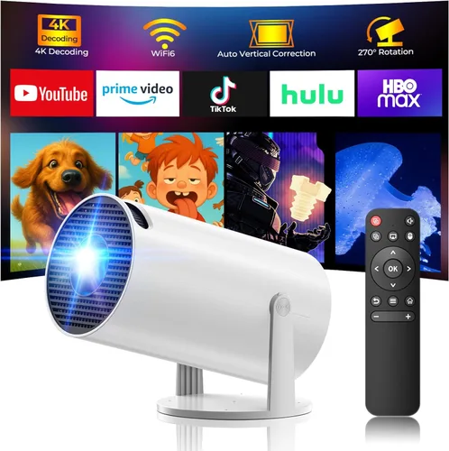 Mini proyector con WiFi y Bluetooth, proyector 4K, proyector portátil giratorio de 270° para dormitorio, pantalla de 130 pulgadas, proyector